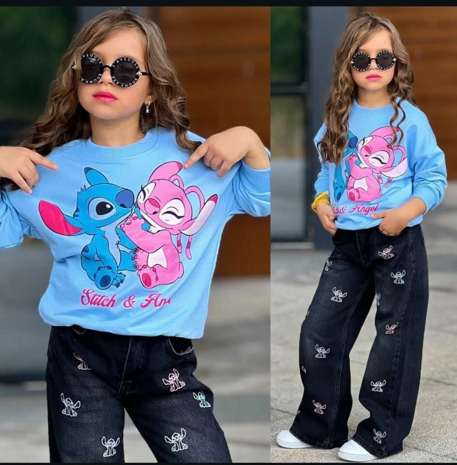 Kız Çocuk Stıtch Kot Pantolonlu Alt Üst Takım 2587 m