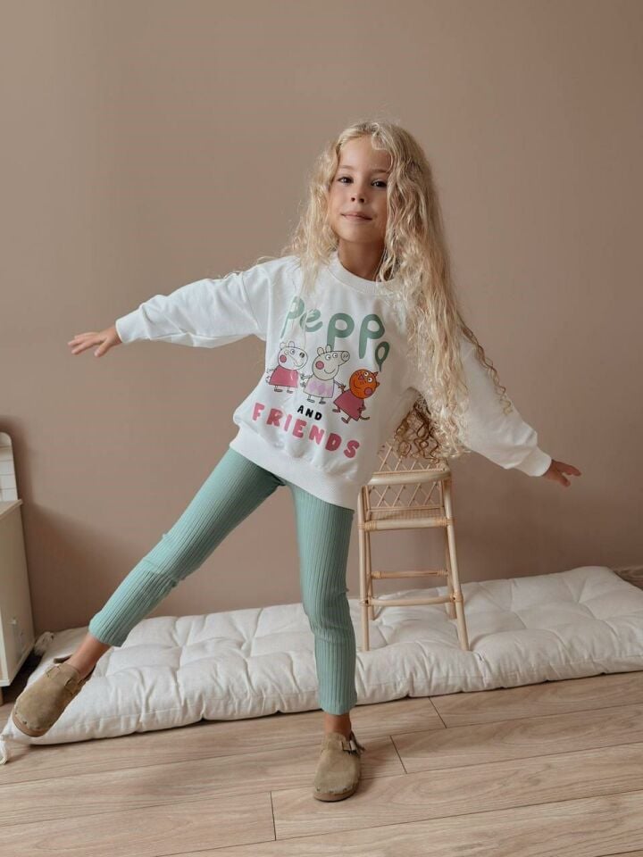 Kız Çocuk Peppa Pig Baskılı Kız Çocuk Sweatshirt - Tayt  Takım 4057 y