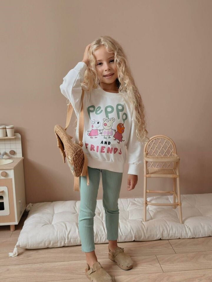 Kız Çocuk Peppa Pig Baskılı Kız Çocuk Sweatshirt - Tayt  Takım 4057 y