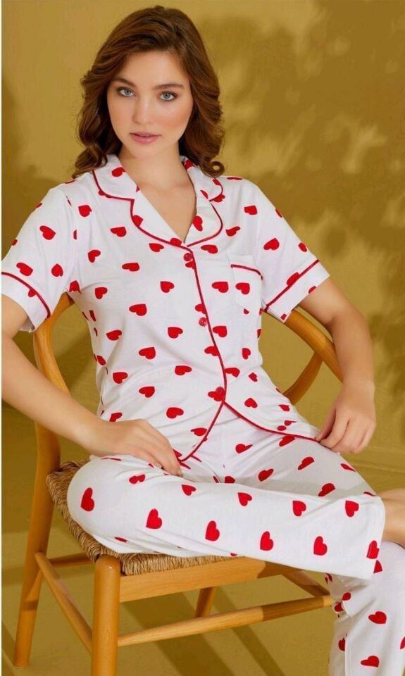 Kadın Düğmeli  Kısa Kol Pijama Takım 52502