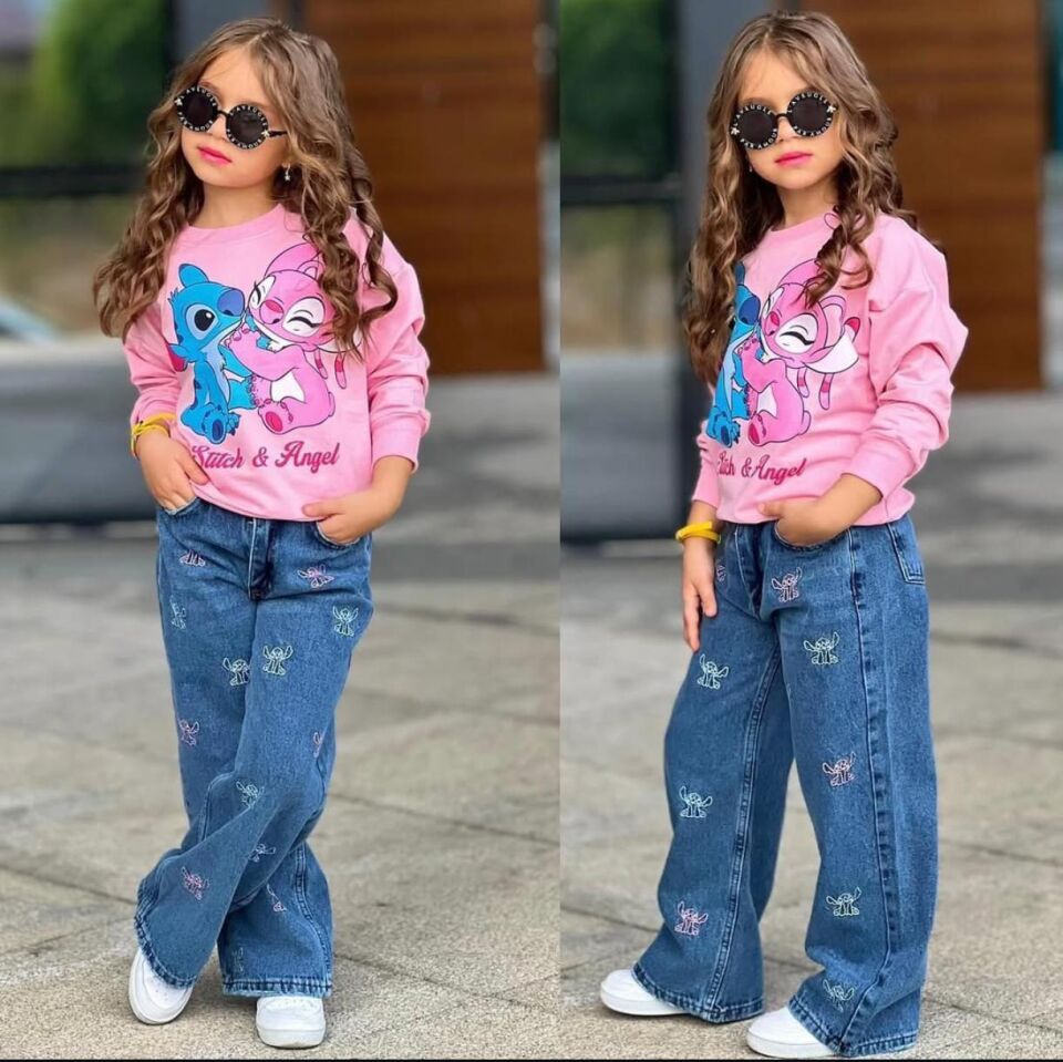 Kız Çocuk Stıtch Kot Pantolonlu Alt Üst Takım 2587 p