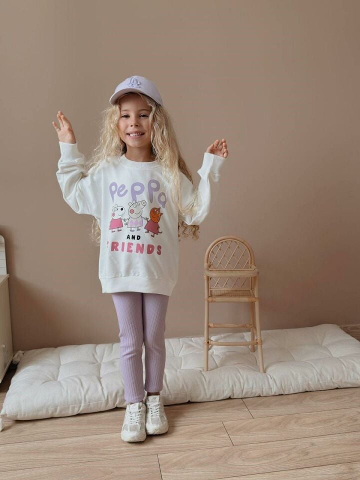 Kız Çocuk Peppa Pig Baskılı Kız Çocuk Sweatshirt - Tayt  Takım 4057L