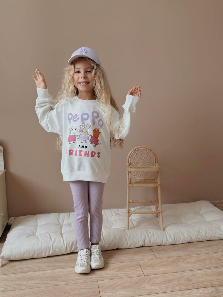 Kız Çocuk Peppa Pig Baskılı Kız Çocuk Sweatshirt - Tayt  Takım 4057L