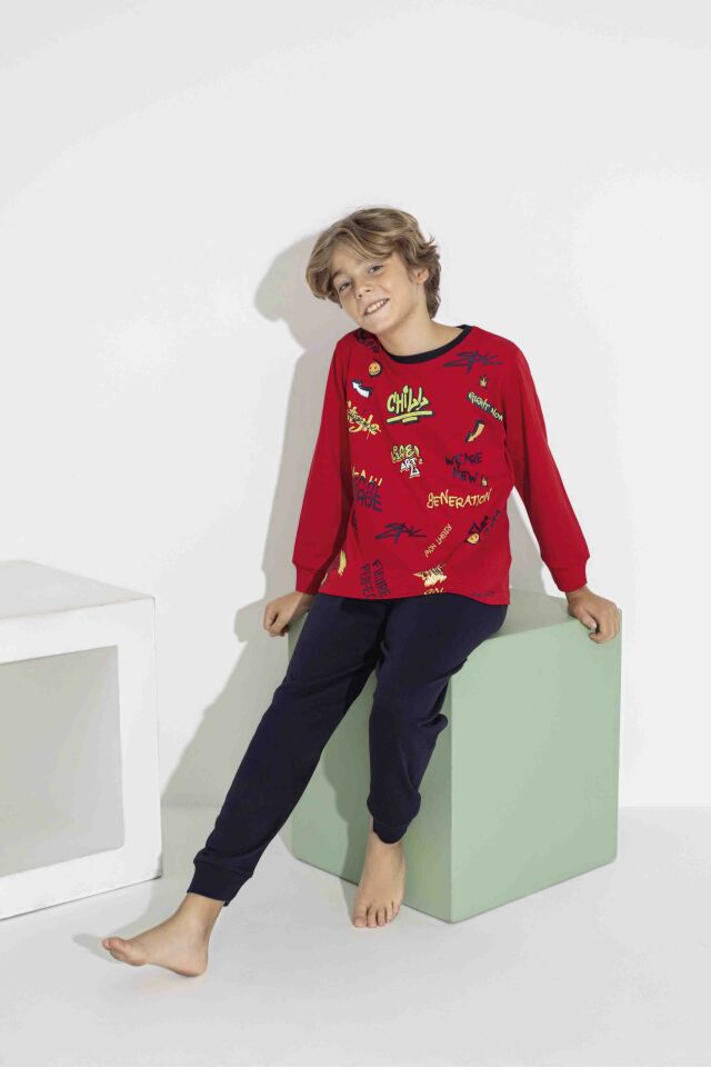 Erkek Çocuk Renkli Baskılı Uzun Kol Pijama Takımı - Interlok Kumaş 7413K