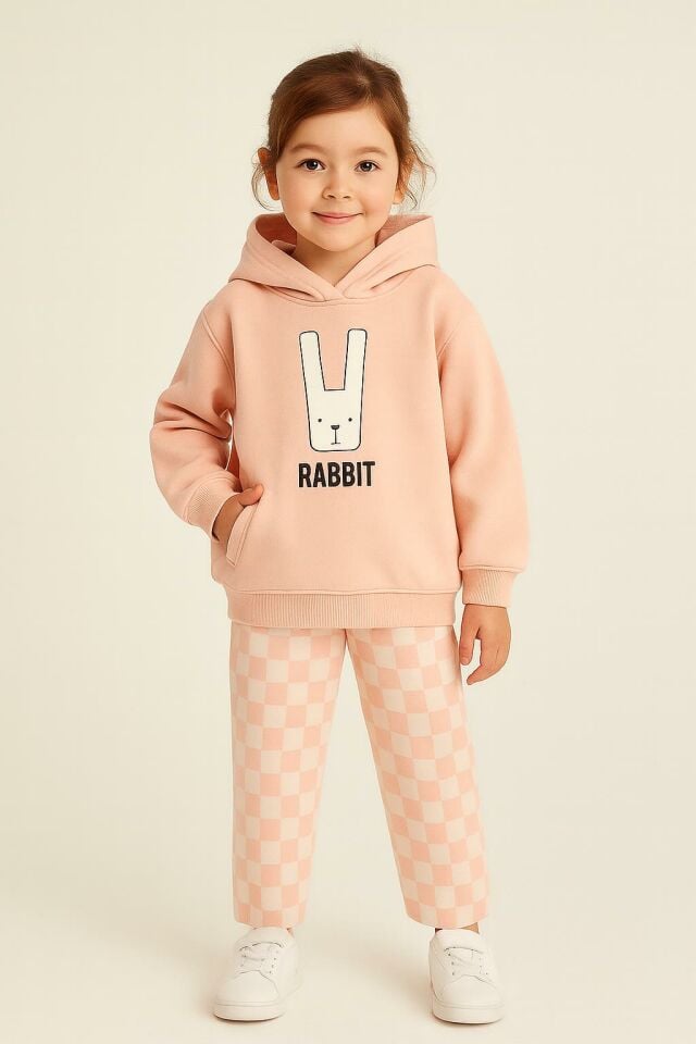 Çocuk Kapüşonlu Rabbit Desenli 3 İplik Şardonlu Eşofman Takımı (5-8 Yaş) 10761S