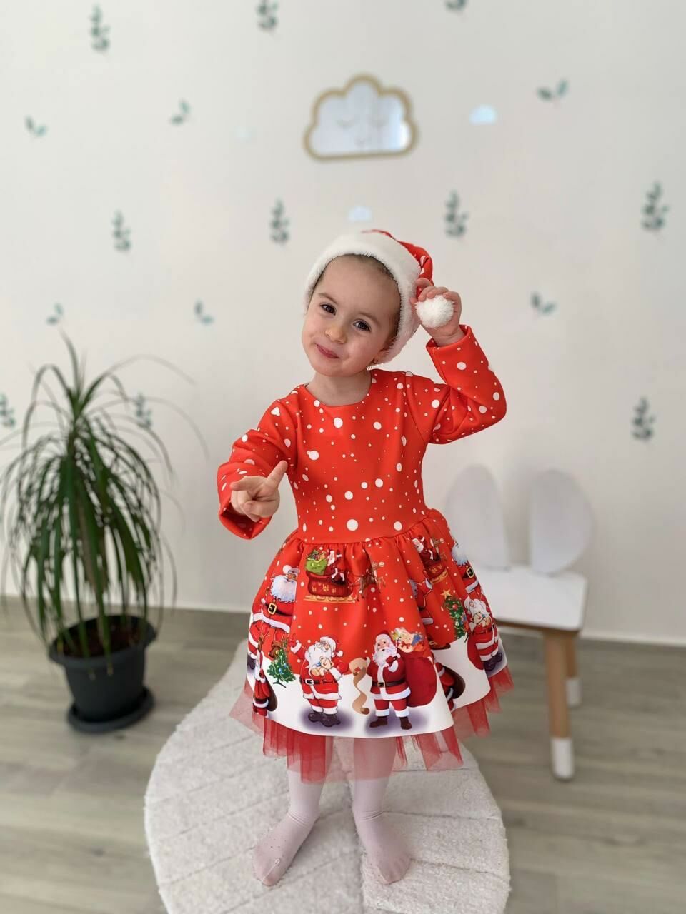 Kız Çocuk Kırmızı Şapkalı Noel Yılbaşı Yeni Yıl Temalı Noel Elbise 2517