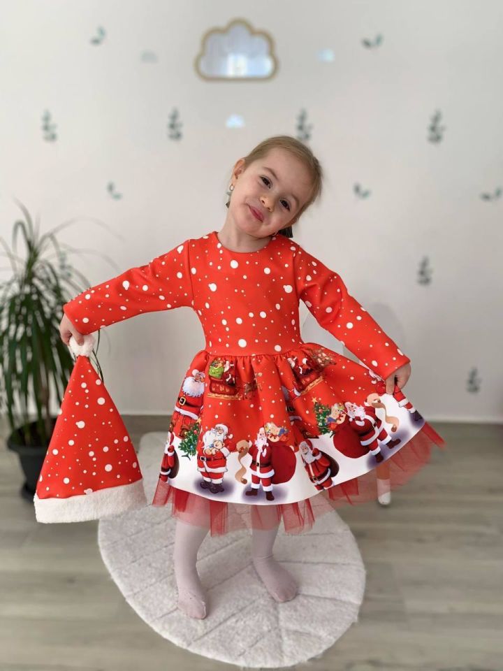 Kız Çocuk Kırmızı Şapkalı Noel Yılbaşı Yeni Yıl Temalı Noel Elbise 2517