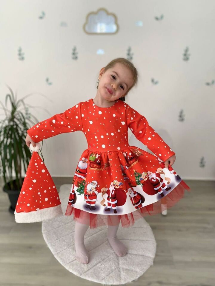 Kız Çocuk Kırmızı Şapkalı Noel Yılbaşı Yeni Yıl Temalı Noel Elbise 2517