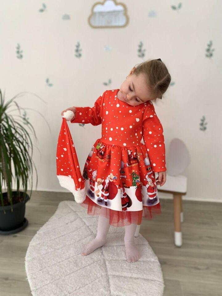 Kız Çocuk Kırmızı Şapkalı Noel Yılbaşı Yeni Yıl Temalı Noel Elbise 2517