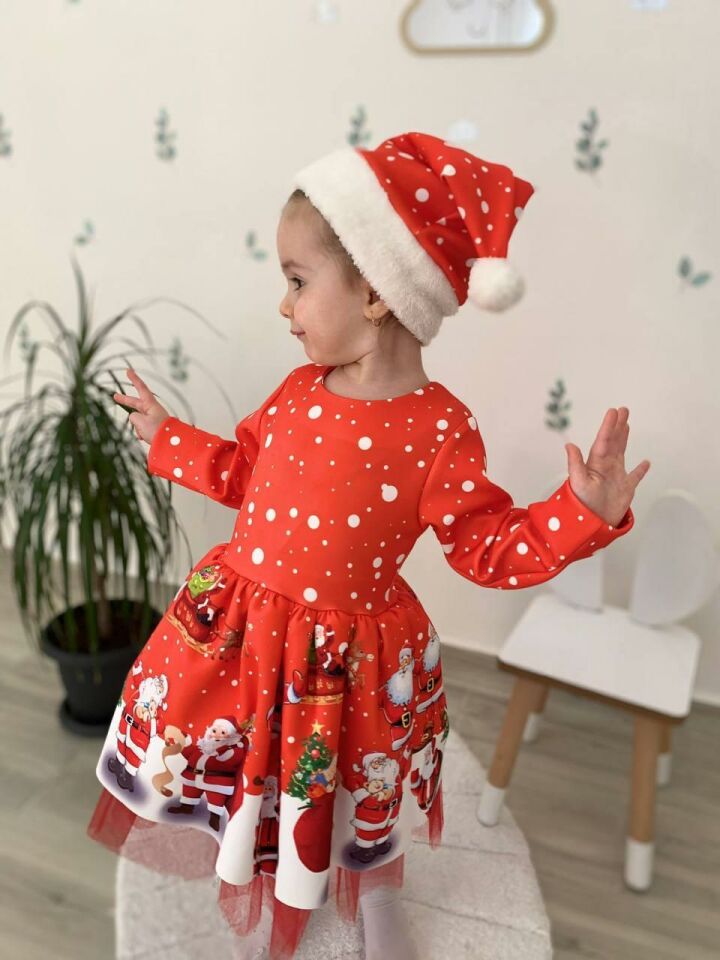 Kız Çocuk Kırmızı Şapkalı Noel Yılbaşı Yeni Yıl Temalı Noel Elbise 2517