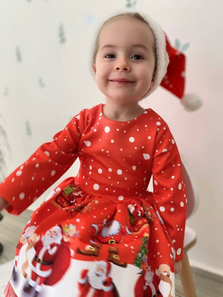 Kız Çocuk Kırmızı Şapkalı Noel Yılbaşı Yeni Yıl Temalı Noel Elbise 2517