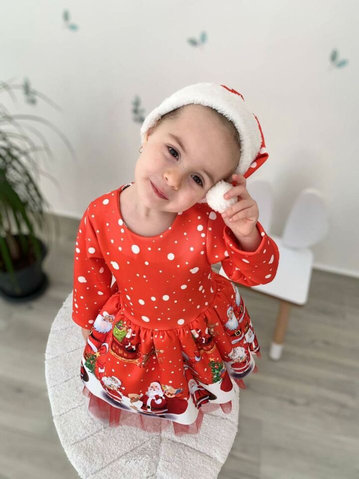 Kız Çocuk Kırmızı Şapkalı Noel Yılbaşı Yeni Yıl Temalı Noel Elbise 2517