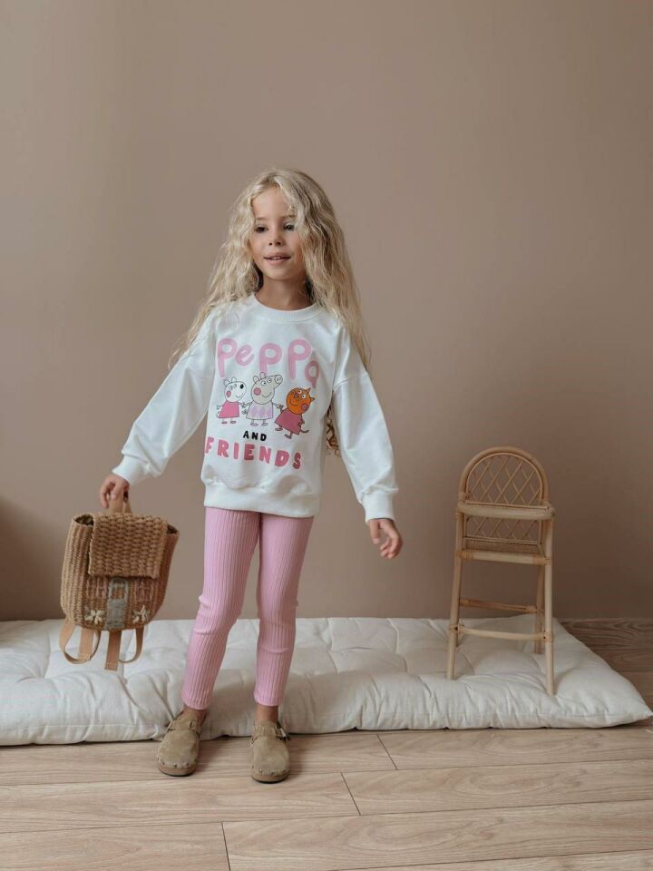 Kız Çocuk Peppa Pig Baskılı Kız Çocuk Sweatshirt - Tayt  Takım 4057 P