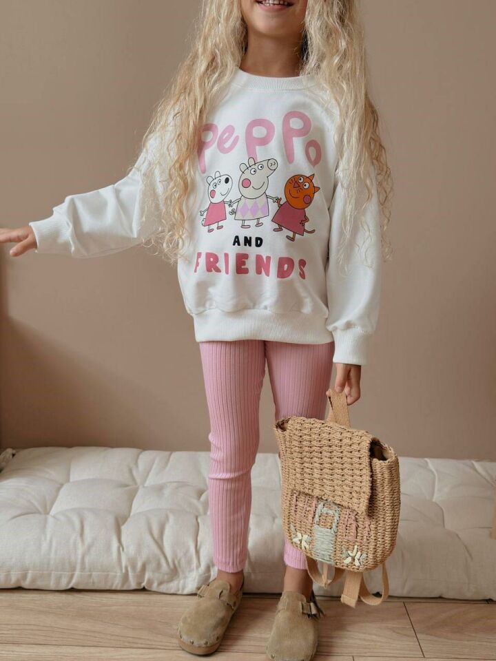 Kız Çocuk Peppa Pig Baskılı Kız Çocuk Sweatshirt - Tayt  Takım 4057 P