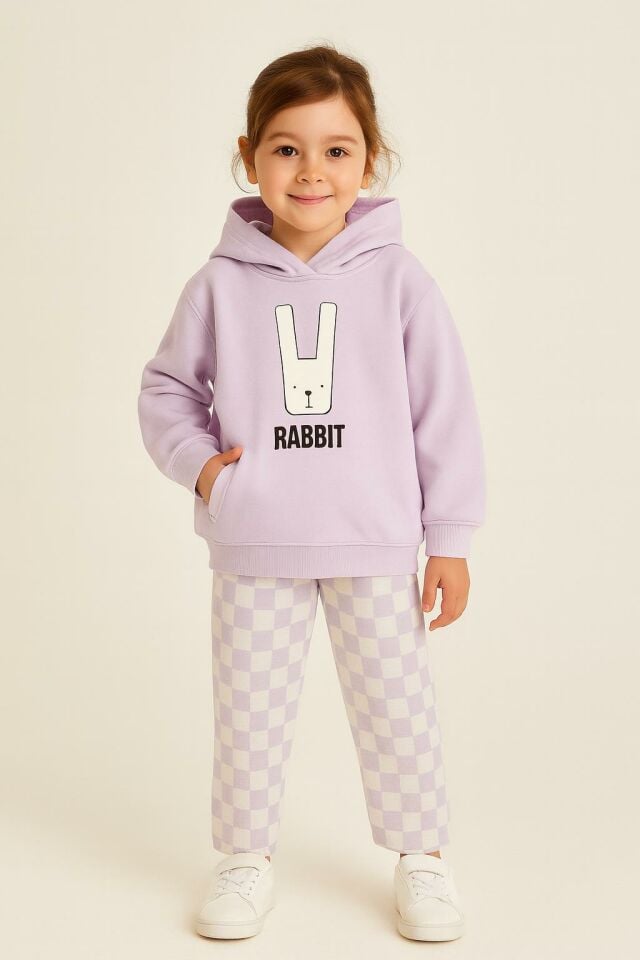 Çocuk Kapüşonlu Rabbit Desenli 3 İplik Şardonlu Eşofman Takımı (5-8 Yaş) 10761 LİLA
