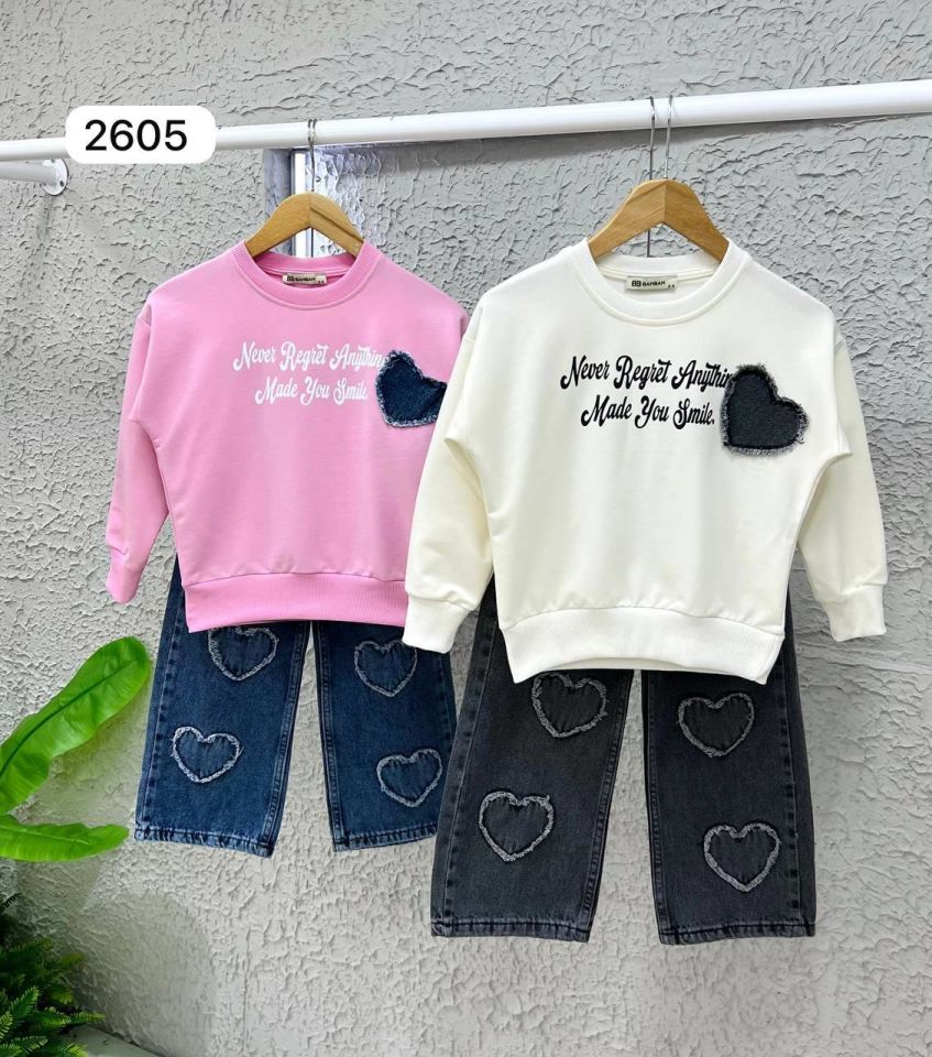 Kız Çocuk Kalp Detaylı Kotlu Alt Üst Takım 2605P