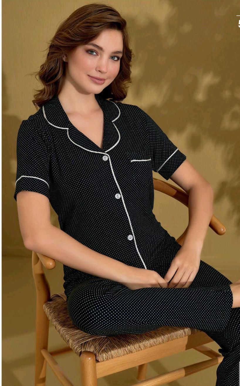 Kadın Kısa Kol düğmeli Alt Üst Pijama Takımı 52009 S