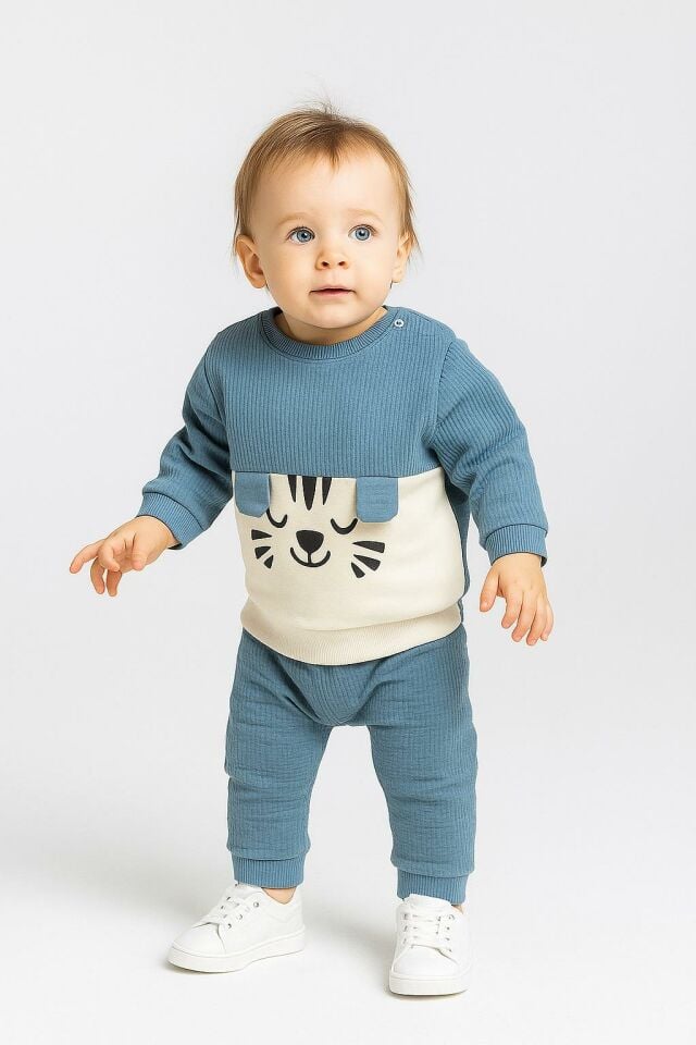 Erkek Bebek 2’li Takım – Mavi Kaplan Desenli Sweatshirt ve Pantolon 07191