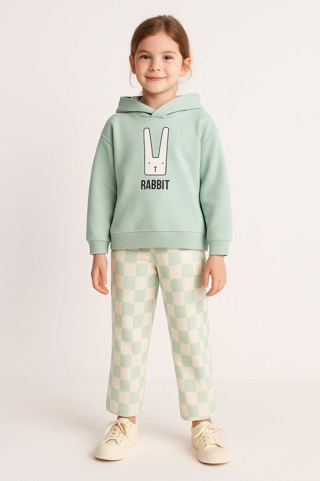 Çocuk Kapüşonlu Rabbit Desenli 3 İplik Şardonlu Eşofman Takımı (5-8 Yaş) 10761 Yeşil