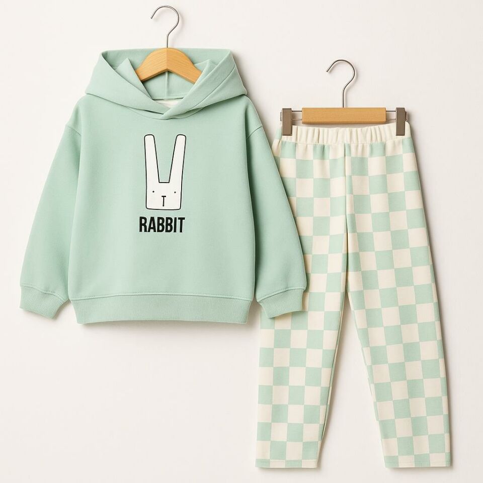 Çocuk Kapüşonlu Rabbit Desenli 3 İplik Şardonlu Eşofman Takımı (5-8 Yaş) 10761 Yeşil
