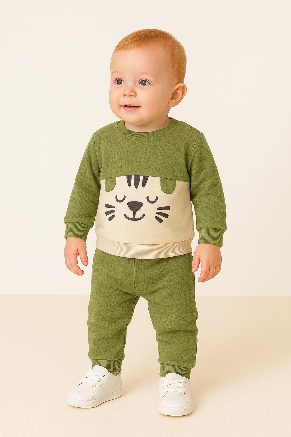 Erkek Bebek 2’li Takım – Yeşil  Kaplan Desenli Sweatshirt ve Pantolon 07191