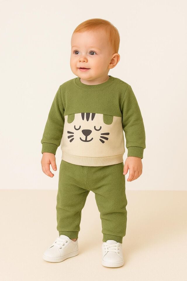 Erkek Bebek 2’li Takım – Yeşil  Kaplan Desenli Sweatshirt ve Pantolon 07191