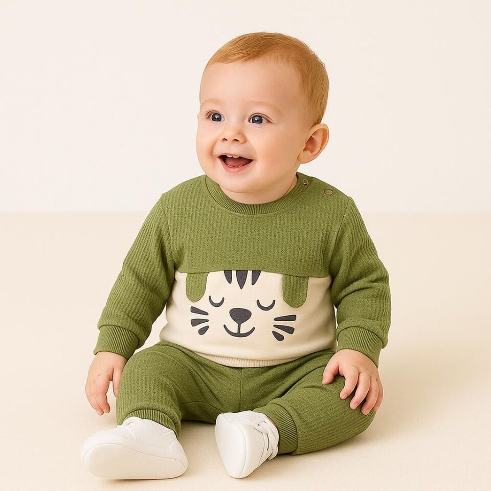 Erkek Bebek 2’li Takım – Yeşil  Kaplan Desenli Sweatshirt ve Pantolon 07191