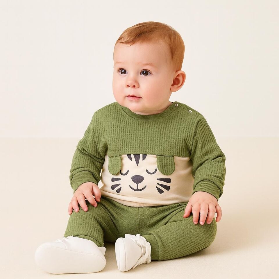 Erkek Bebek 2’li Takım – Yeşil  Kaplan Desenli Sweatshirt ve Pantolon 07191