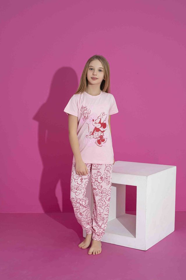 Kız Çocuk Kısa Kol Likralı Penye Alt Üst Pijama Takımı 3039-40PE