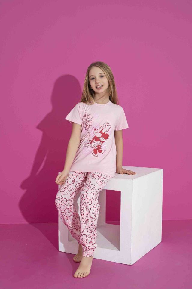 Kız Çocuk Kısa Kol Likralı Penye Alt Üst Pijama Takımı 3039-40PE