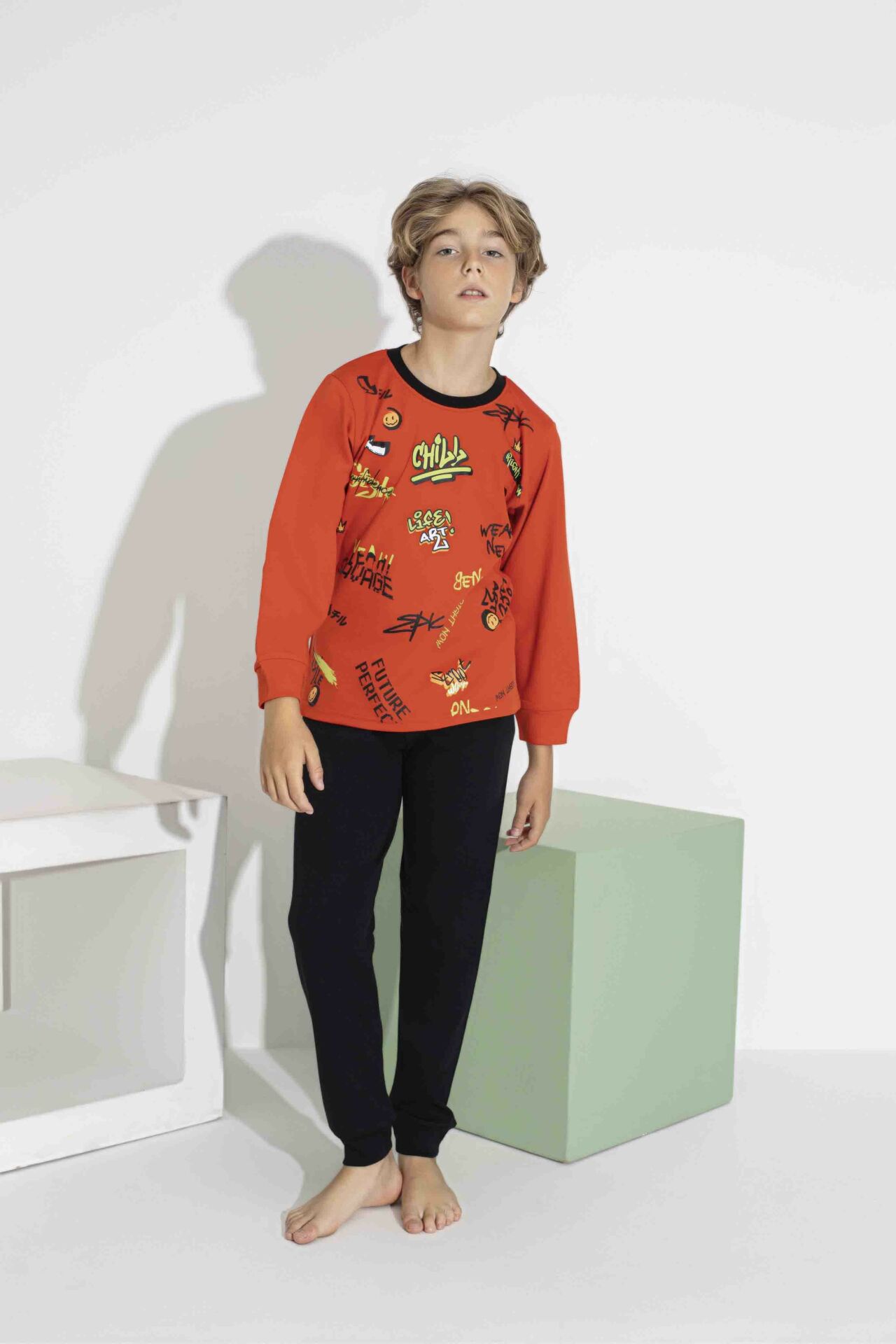 Erkek Çocuk Renkli Baskılı Uzun Kol Pijama Takımı - Interlok Kumaş 7413T