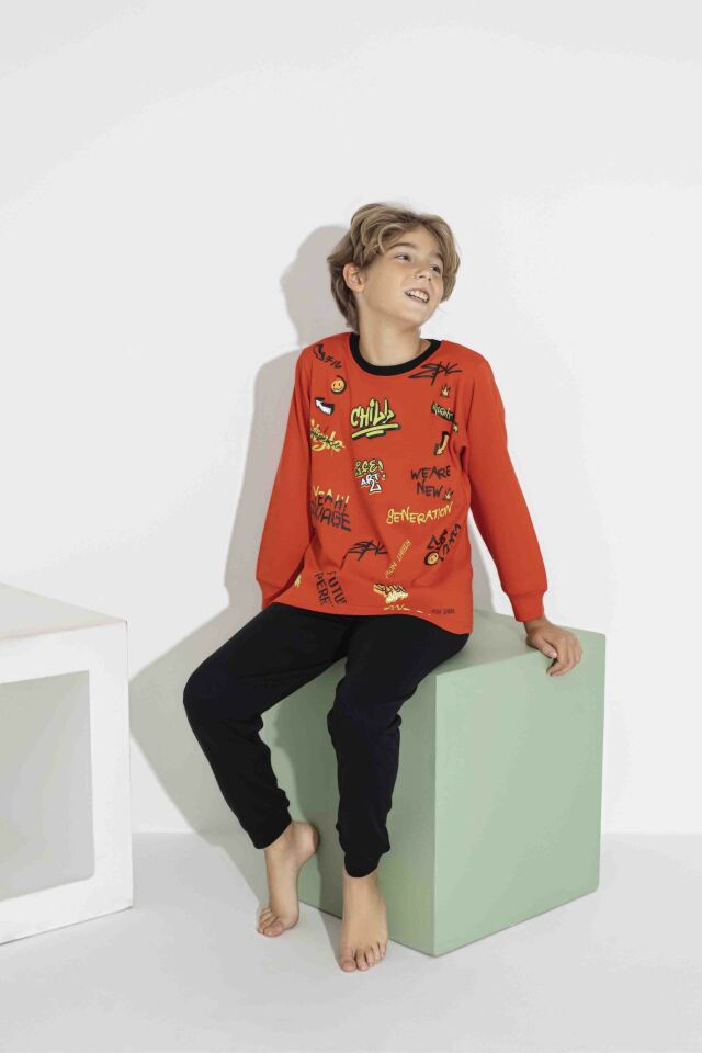 Erkek Çocuk Renkli Baskılı Uzun Kol Pijama Takımı - Interlok Kumaş 7413T