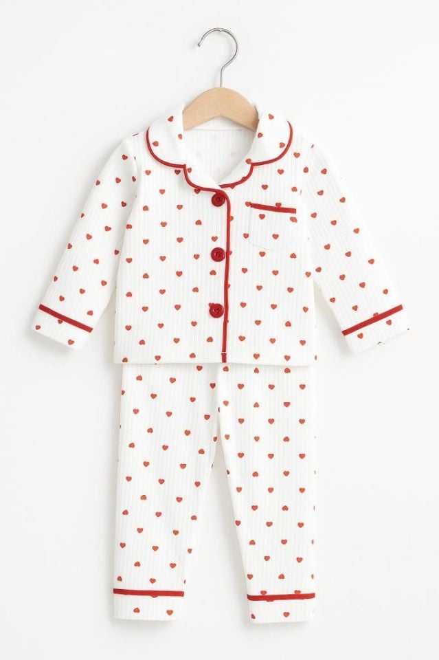 Kız Bebek  Kalpli Pamuklu Pijama Takımı – Uzun Kollu, 2’li Set 08376