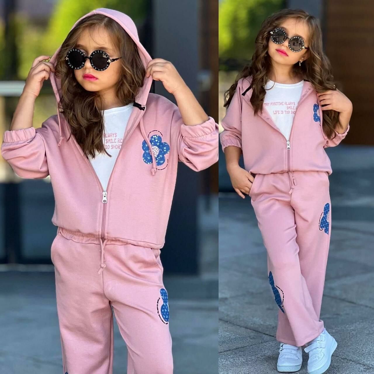 Kız Çocuk 3 PARÇA Kapüşonlu Sweatshirt & Çiçek Desenli Eşofman Takımı  6431P