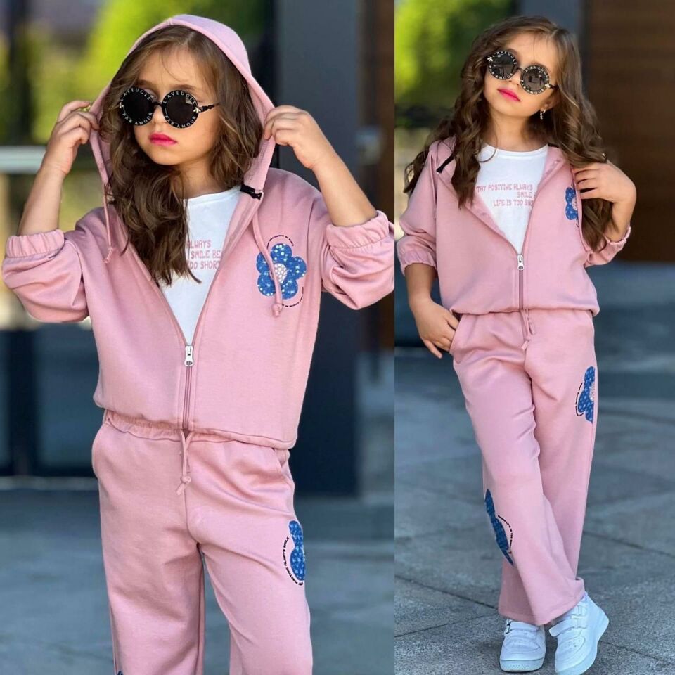 Kız Çocuk 3 PARÇA Kapüşonlu Sweatshirt & Çiçek Desenli Eşofman Takımı  6431P