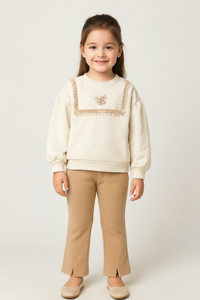 Kız Çocuk 2’li Takım – Dantel Detaylı Sweatshirt ve Yırtmaçlı Pantolon (5-8 Yaş) 10752V