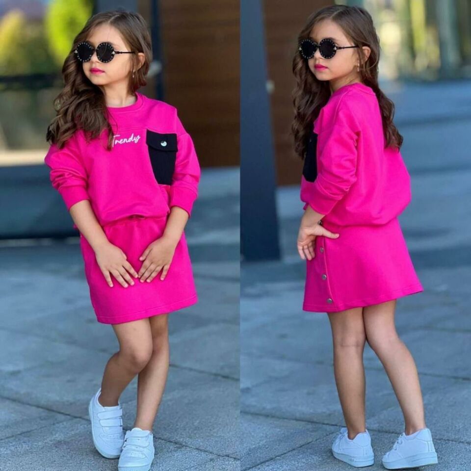 Kız Çocuk Fuşya Uzun Kollu Etekli Takım – Şık & Rahat Kombin 32092
