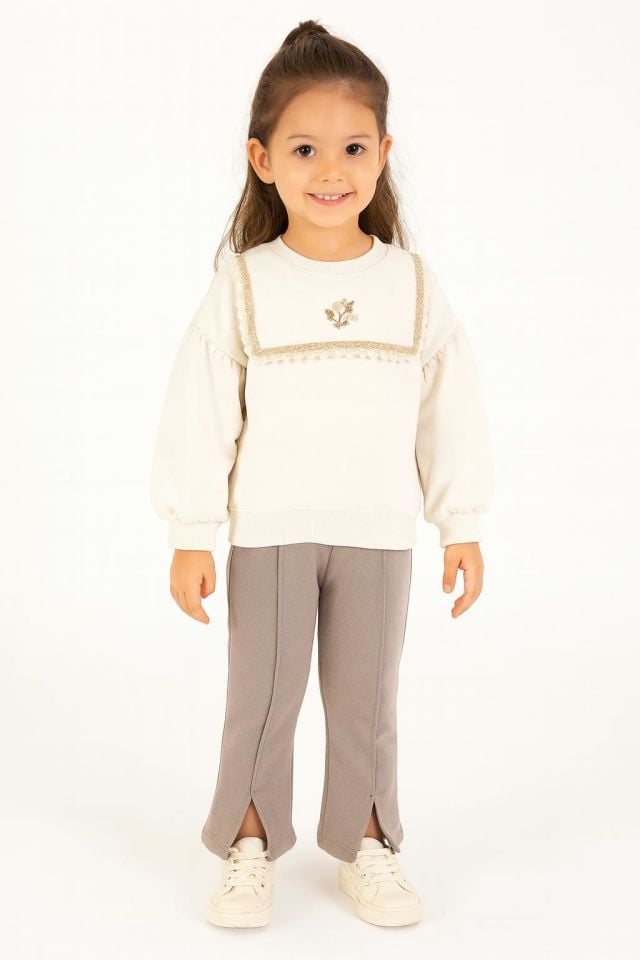 Kız Çocuk 2’li Takım – Dantel Detaylı Sweatshirt ve Yırtmaçlı Pantolon (5-8 Yaş) 10752