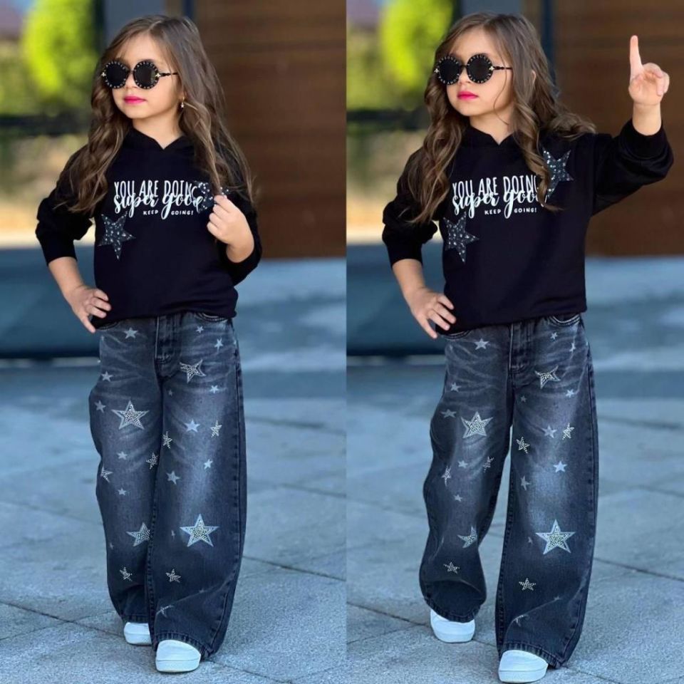 Kız Çocuk  (AYARLANABİLİR BEL) Yıldız Baskılı Sweatshirt ve Geniş Paça Jean Takım  2612K