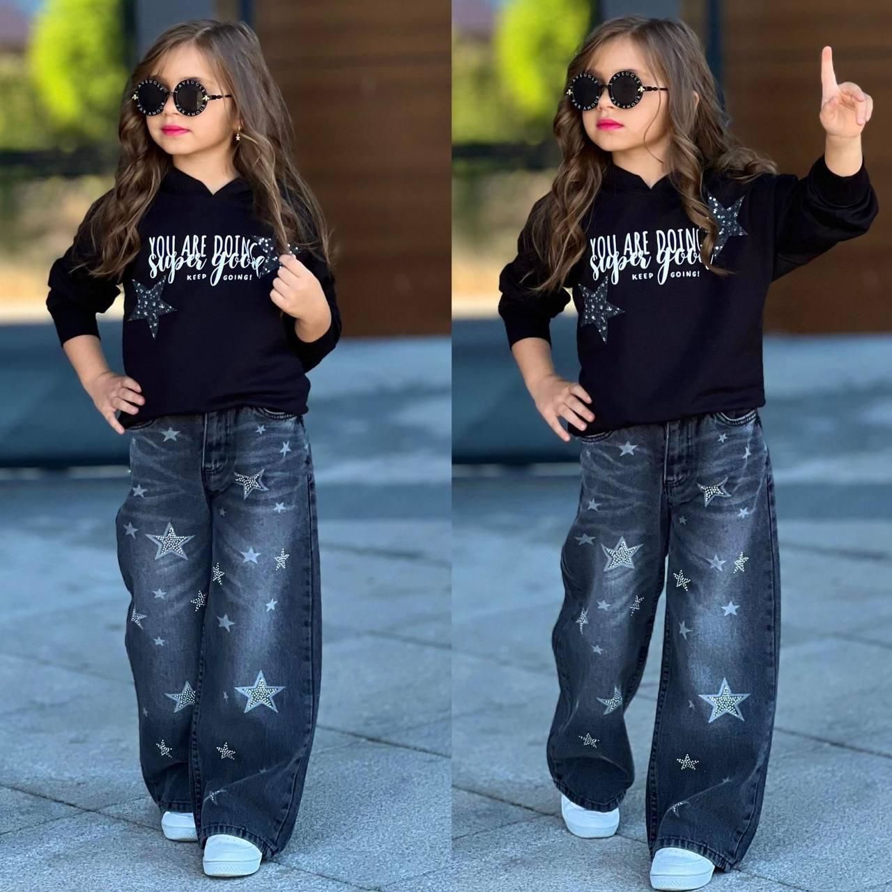 Kız Çocuk  (AYARLANABİLİR BEL) Yıldız Baskılı Sweatshirt ve Geniş Paça Jean Takım  2612K
