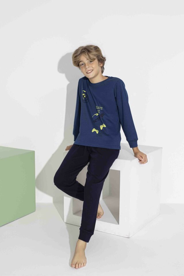 Erkek Çocuk Lacivert Uzun Kollu Oyun Temalı Pamuklu Pijama Takımı 7419L