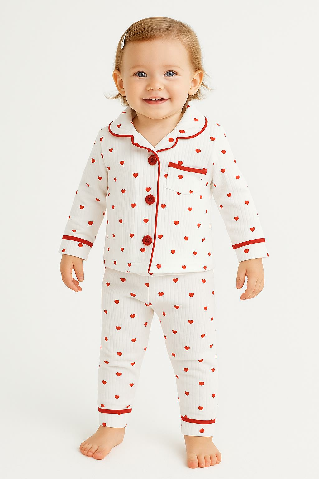 Kız Bebek  Kalpli Pamuklu Pijama Takımı – Uzun Kollu, 2’li Set 08757