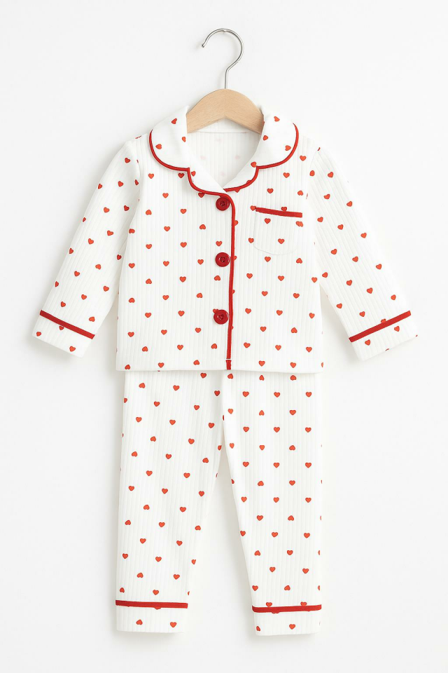 Kız Bebek  Kalpli Pamuklu Pijama Takımı – Uzun Kollu, 2’li Set 08757