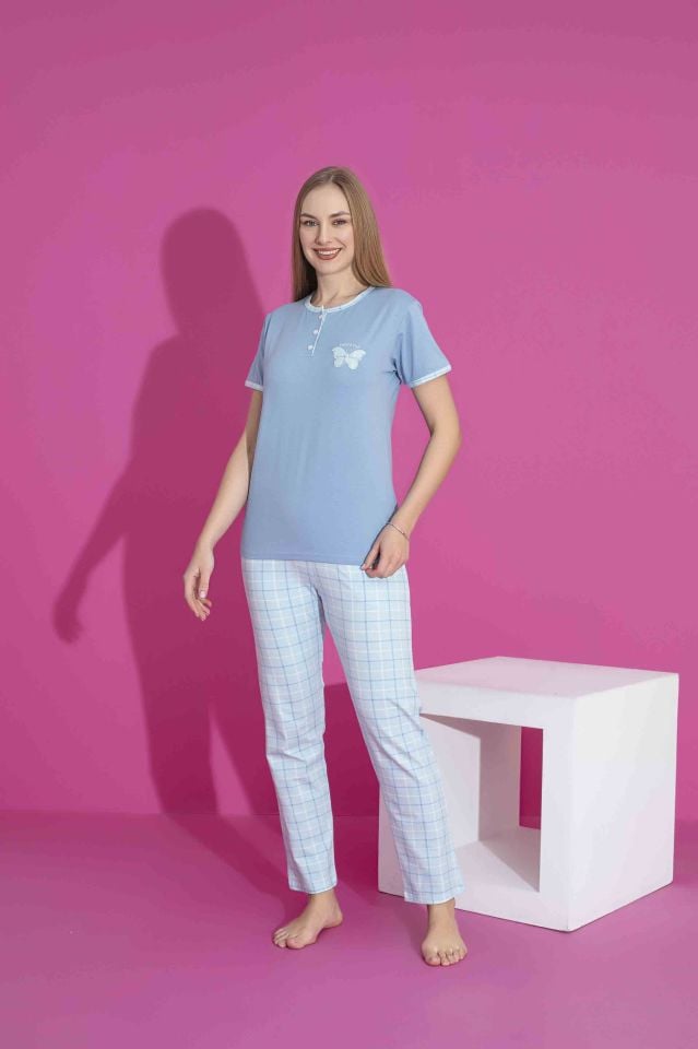 Kadın Likralı Penye Düğmeli Yazlık Pijama Takımı 2970M