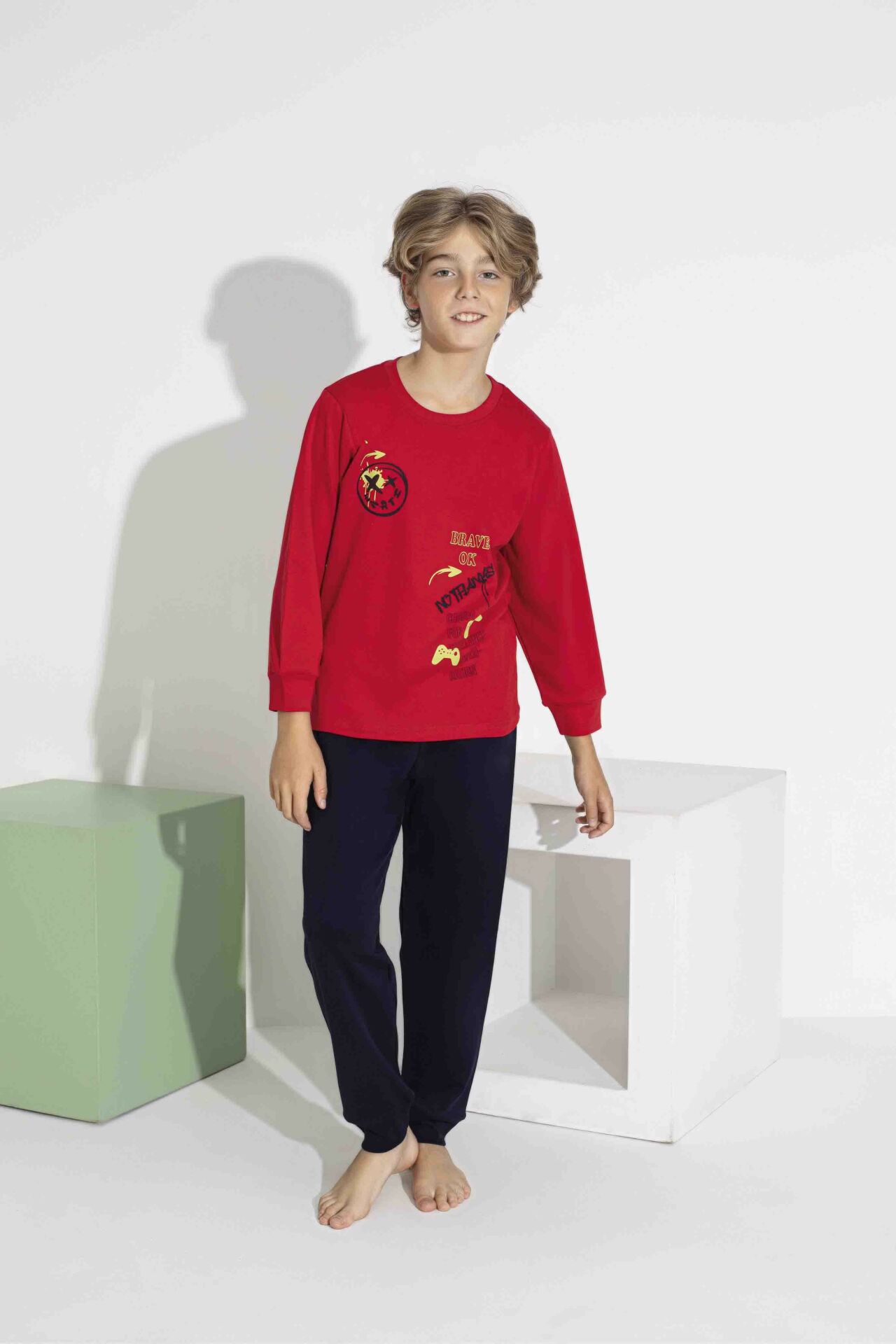 Erkek Çocuk  Uzun Kollu Oyun Temalı Pamuklu Pijama Takımı 7419K