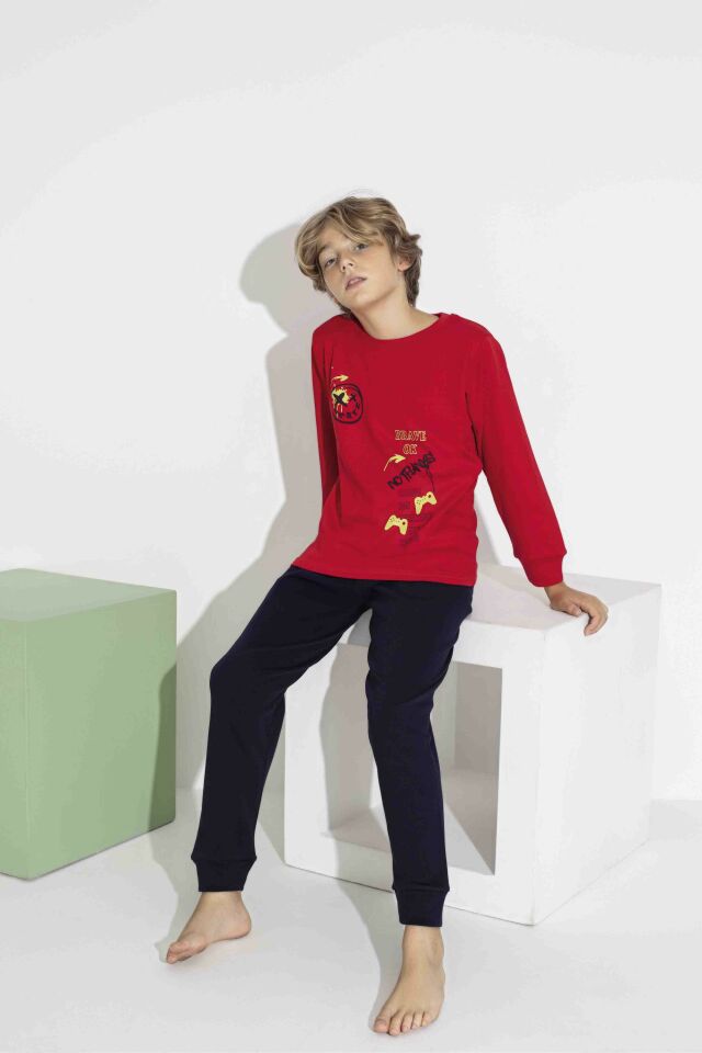 Erkek Çocuk  Uzun Kollu Oyun Temalı Pamuklu Pijama Takımı 7419K