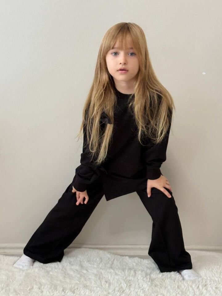 Kız Çocuk Siyah Sweatshirt Siyah Fiyonk Detaylı Eşofman Takımı 5019S