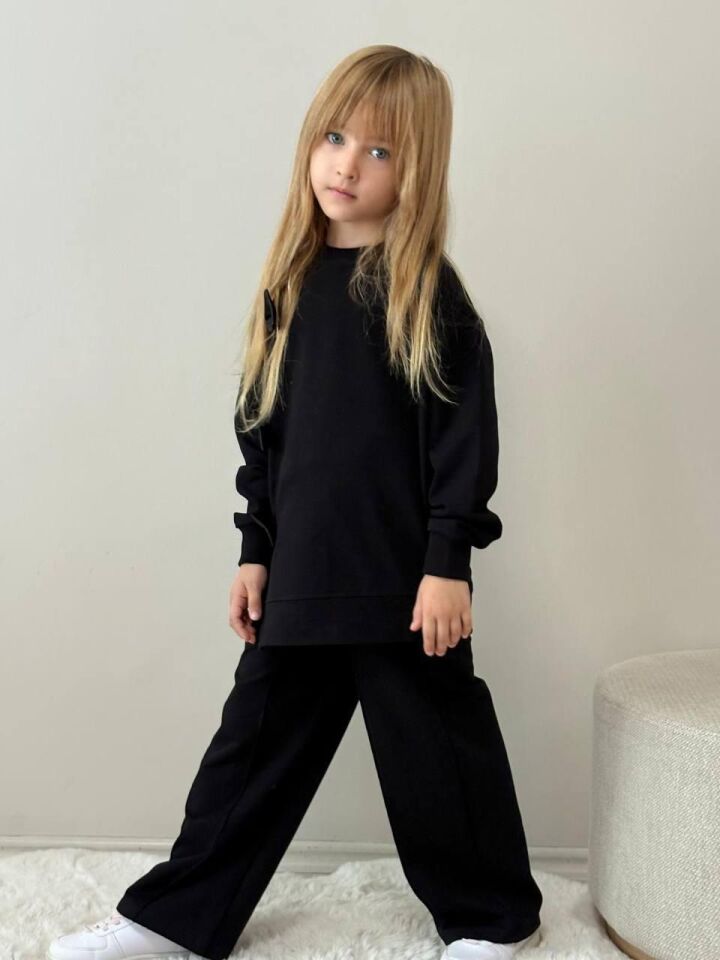 Kız Çocuk Siyah Sweatshirt Siyah Fiyonk Detaylı Eşofman Takımı 5019S