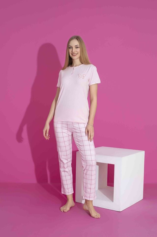 Kadın Likralı Penye Düğmeli Yazlık Pijama Takımı 2970P
