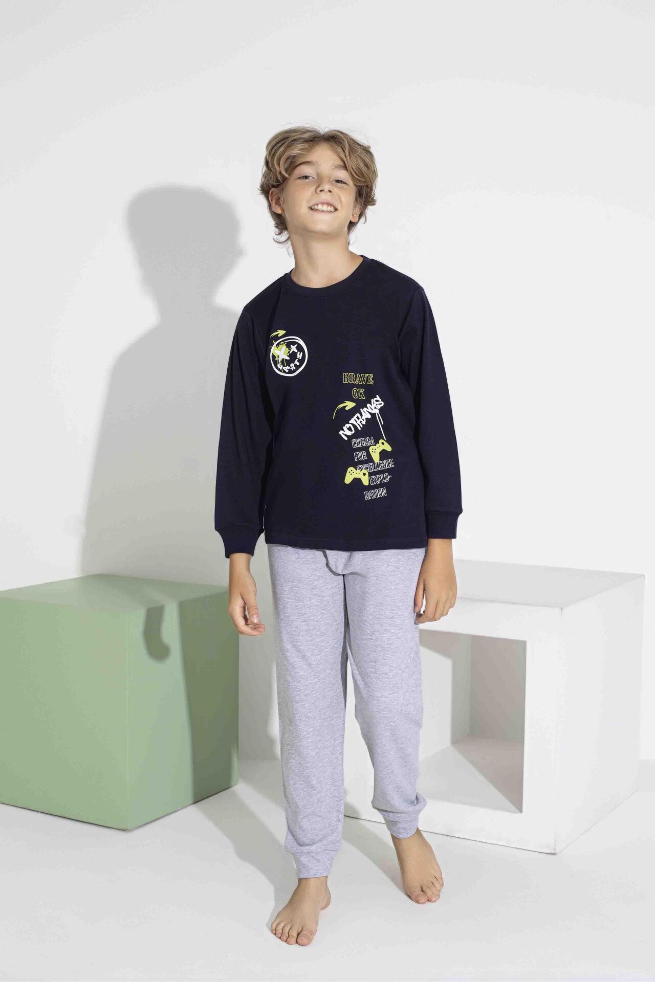 Erkek Çocuk  Uzun Kollu Oyun Temalı Pamuklu Pijama Takımı 7419G